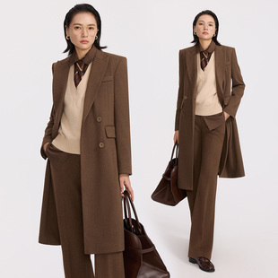 xyi 棕色毛呢大衣女款2025新款入冬高级感外套加厚中长款西装套装