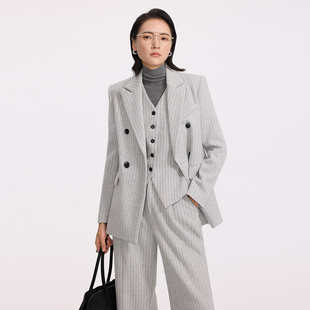秋冬加厚套装 女2025新款 灰白条纹三件套 老钱风松弛感羊毛西装 xyi