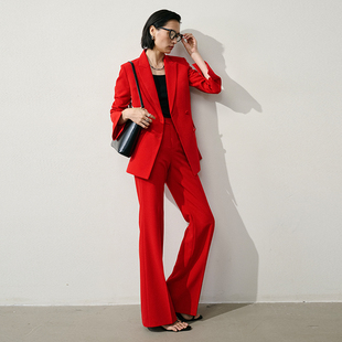 炸场正红色西装 新款 套装 两件套2025秋季 女 气质御姐吸睛喇叭裤 xyi