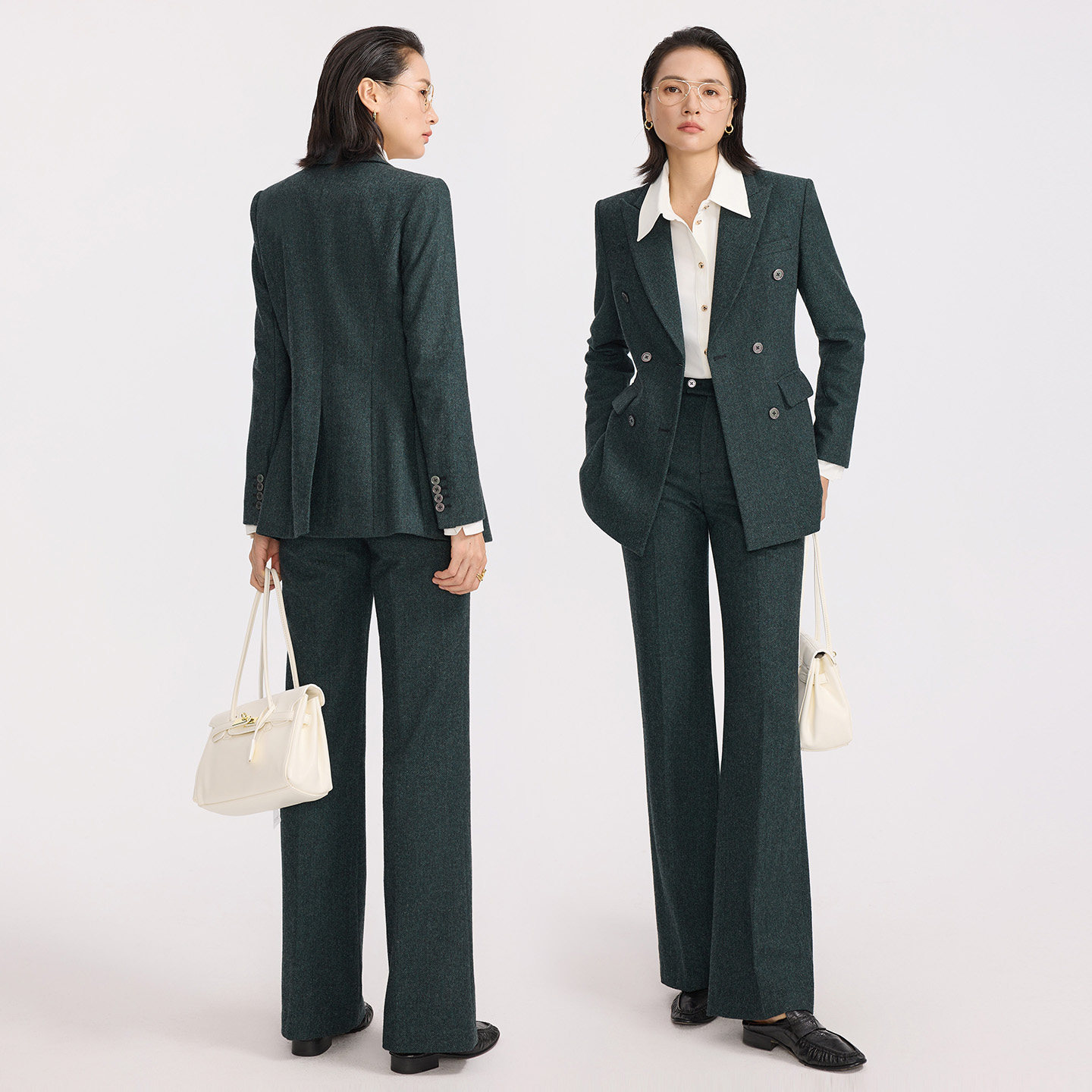 xyi 高质感羊毛墨绿色人字纹西装套装女2025秋冬气质职业正装西服