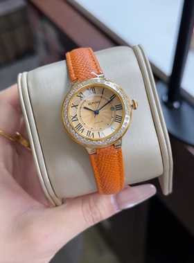 橙色足金999时尚手表女士简约小众气质皮带防水新款石英表女