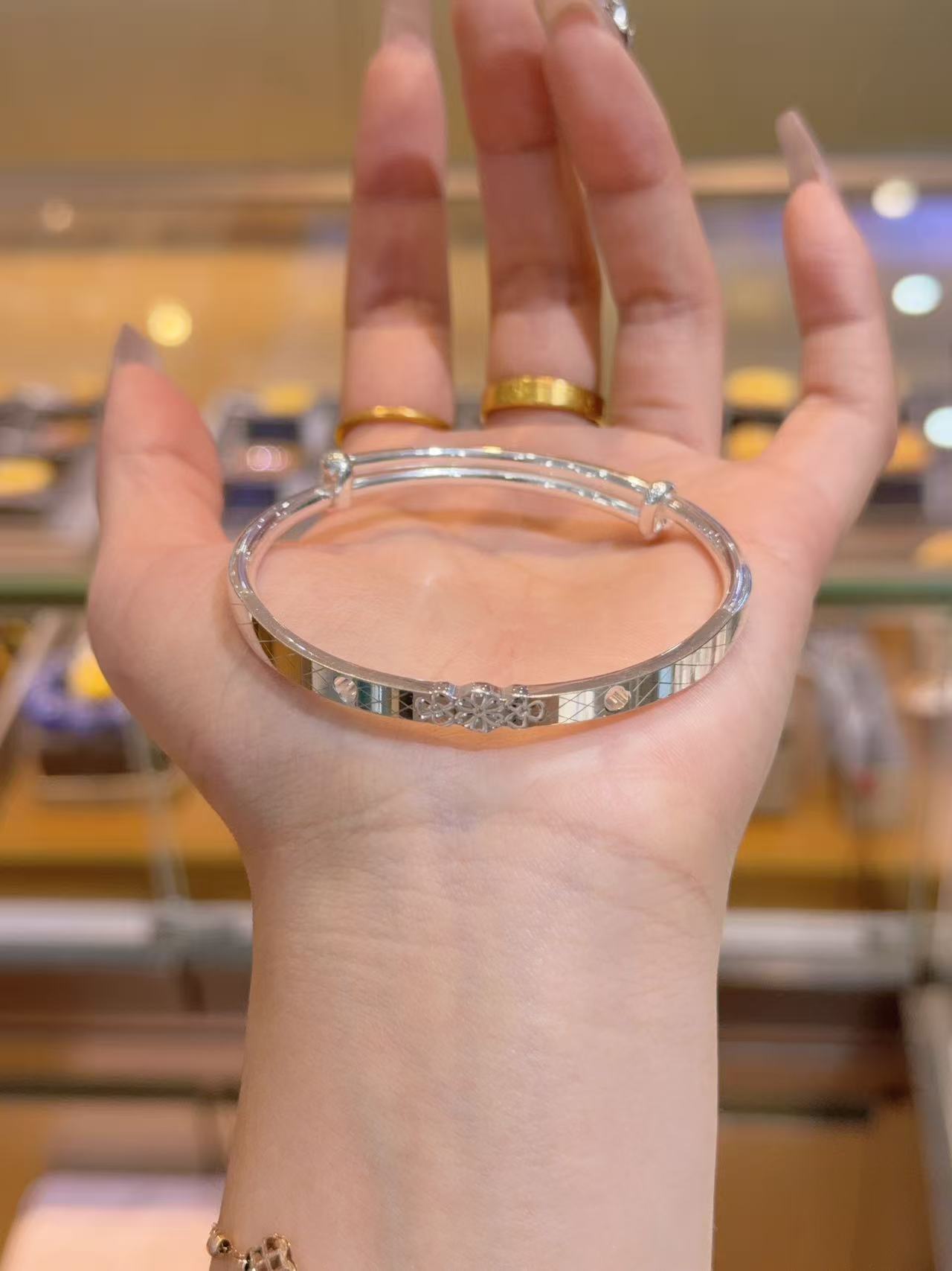 足银999手镯女光面推拉口可调节镯子小众设计