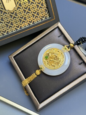 凤凰牡丹双面传承足金金镶玉和田玉吊坠项链