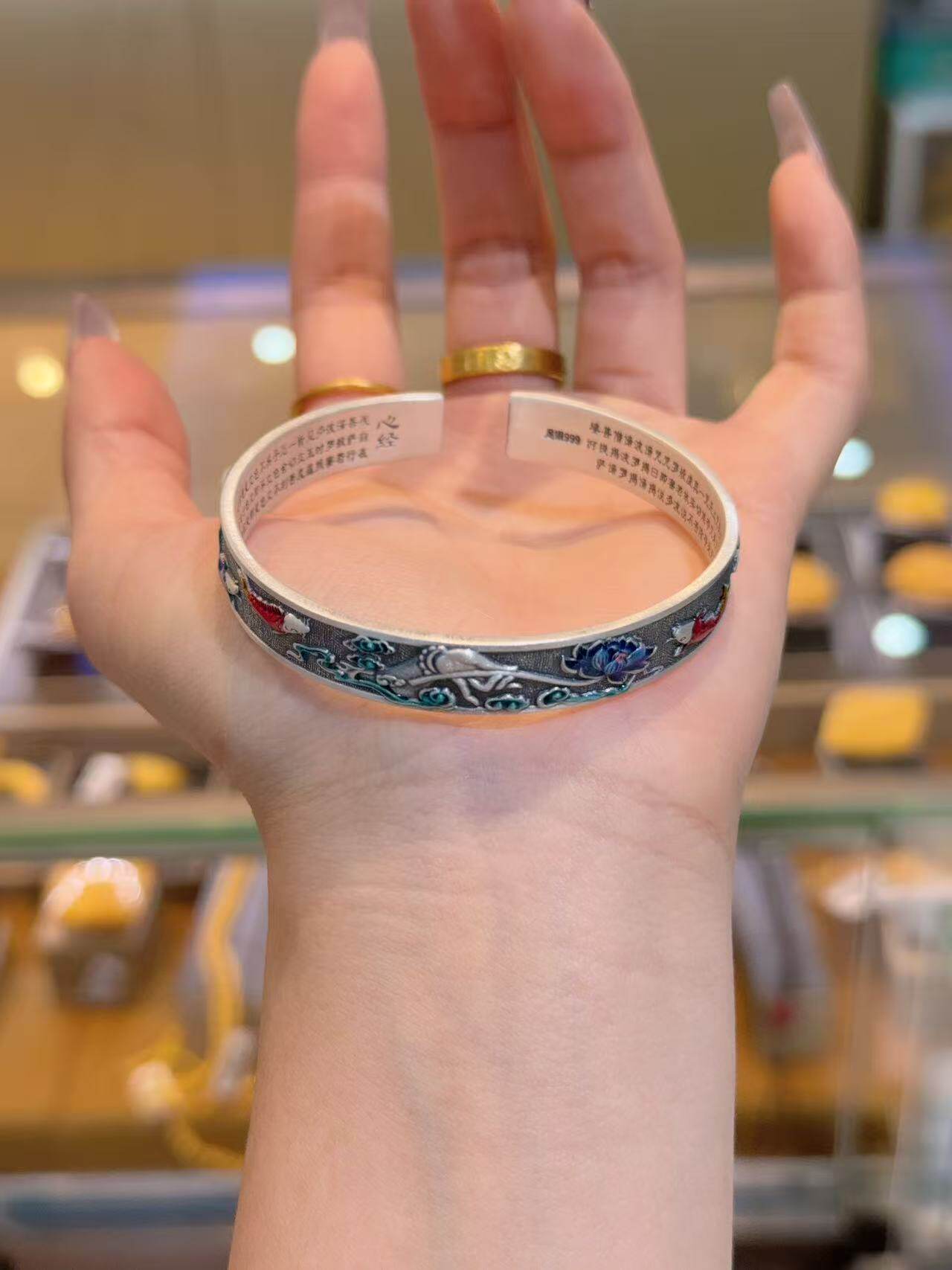 足银999珐琅彩佛手莲花心经手镯女开口可调节复古民族风