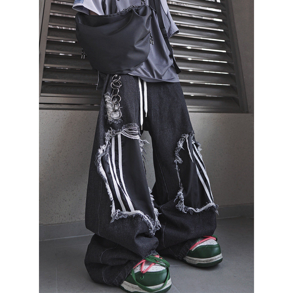 UUCSCC嘻哈宽松vintage休闲拖地长裤潮牌复古破洞阔腿直筒牛仔裤,男装,牛仔裤,淘宝优惠券,粉丝福利购,淘宝优惠卷