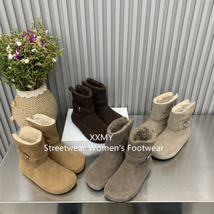 复古搭扣中筒雪地棉靴女款秋冬美拉德色系羊羔毛内里百搭平底冬靴