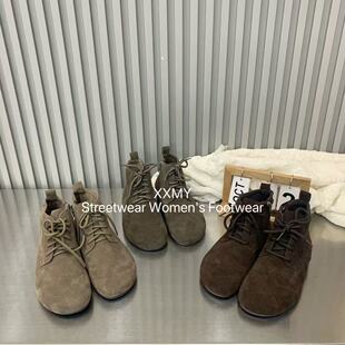 复古磨砂皮百搭勃肯鞋短靴女款秋冬软底圆头系带侧拉链平底马丁靴