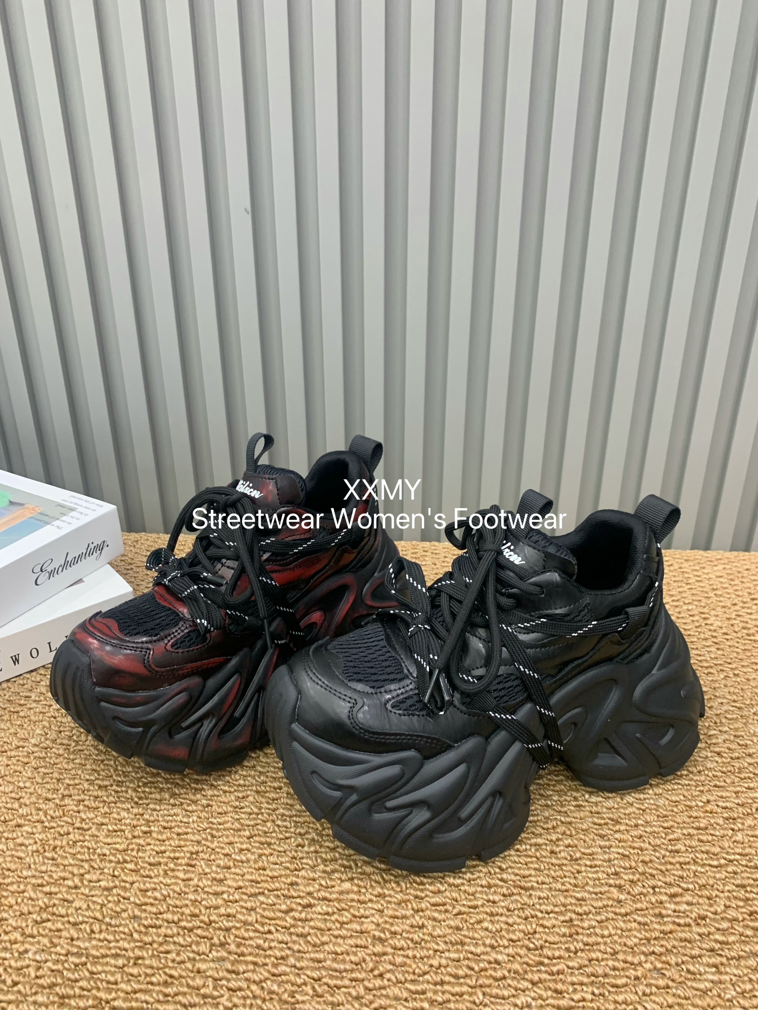 重工擦色酒红老爹鞋女8cm厚底增高机甲做旧双鞋带复古松糕休闲鞋