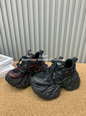 重工擦色酒红老爹鞋女8cm厚底增高机甲做旧双鞋带复古松糕休闲鞋