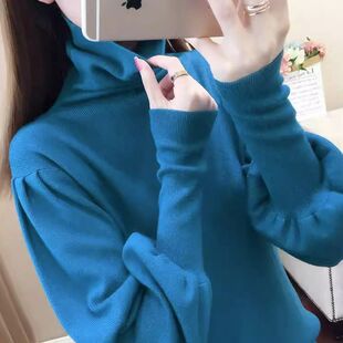 堆堆高领薄款毛衣女春秋冬时尚泡泡灯笼袖宽松慵懒针织打底衫上衣