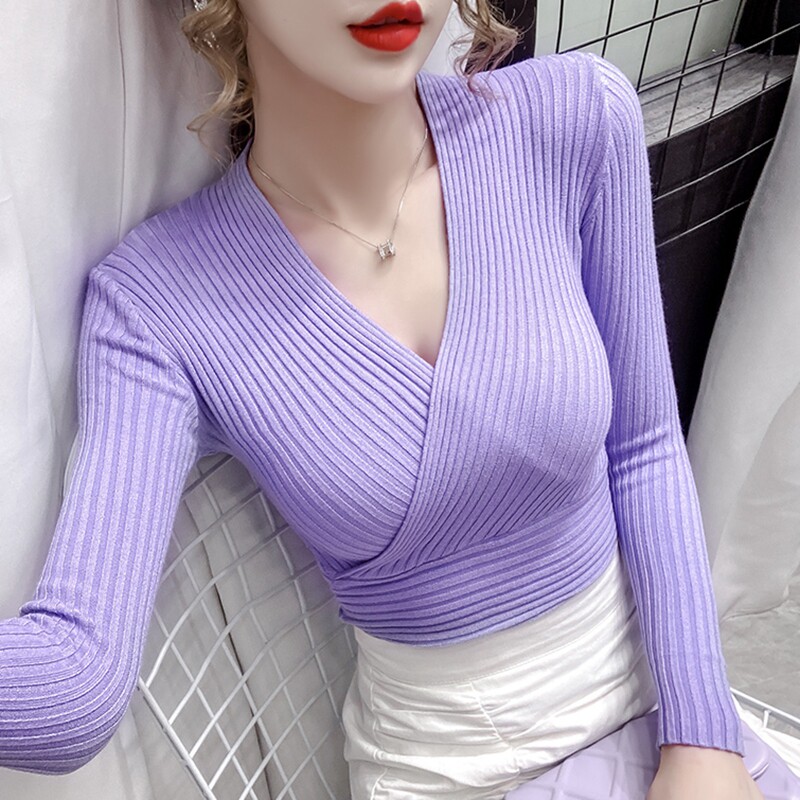 春秋毛衣女性感交叉深V领修身长袖打底衫针织衫设计小众短款上衣