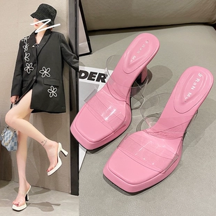 女细跟夏季 防水台透明一字带凉拖 半拖鞋 粉色高跟鞋 凉鞋 仙女风法式