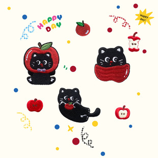 可爱苹果猫咪装饰贴补丁贴精美刺绣手工缝补贴衣服黑猫布贴自粘贴