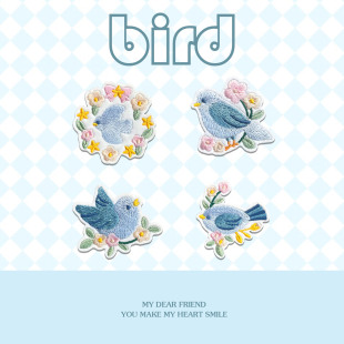 小清新花鸟刺绣补丁贴帽子帆布包装饰贴花蓝色手工DIY脏污自粘贴