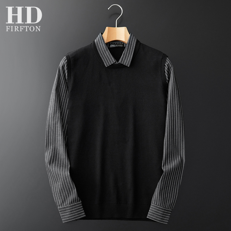 秋装假两件毛衣男衬衫领针织衫男士上衣马甲长袖冬季加绒打底衫潮