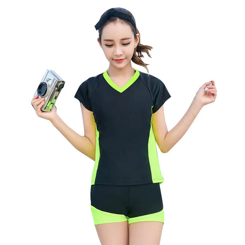 韩版温泉泳衣女装分体平角裤运动款学生加大码短袖遮手臂保守游泳