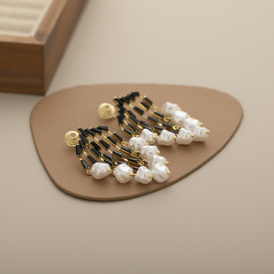 夸张精致满钻流苏吊坠珍珠耳针轻奢日韩创意高级感蚊香盘耳夹无洞