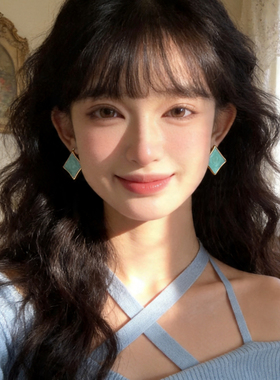温柔风清新绿色方形耳针法式高级感几何耳环女复古气质蚊香盘耳夹