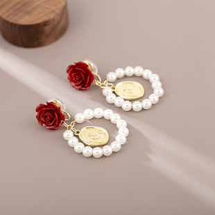 港风复古玫瑰花珍珠圆环耳钉时尚气质高级感优雅蚊香盘耳夹无耳洞