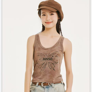 美娜舒丹新背心莱赛尔螺纹棉炒花圆领美式 复古可外穿内搭打底2636