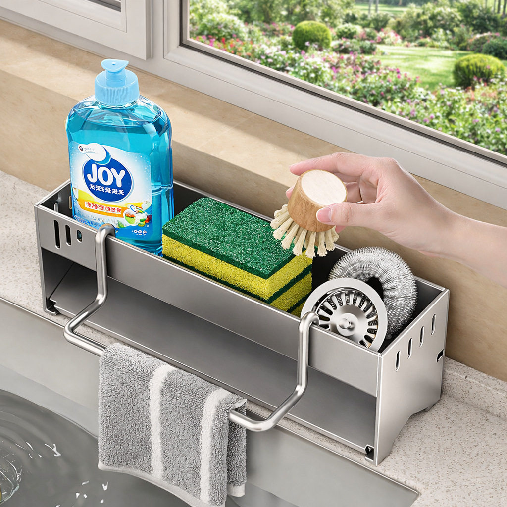 跨境水槽抹布海绵沥水带挂杆可拆卸免打孔多功能加宽厨房置物架