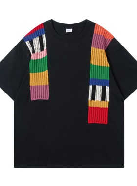 2025SS夏季韩版宽松彩虹毛线针织拼接短袖情侣圆领宽松休闲T恤潮