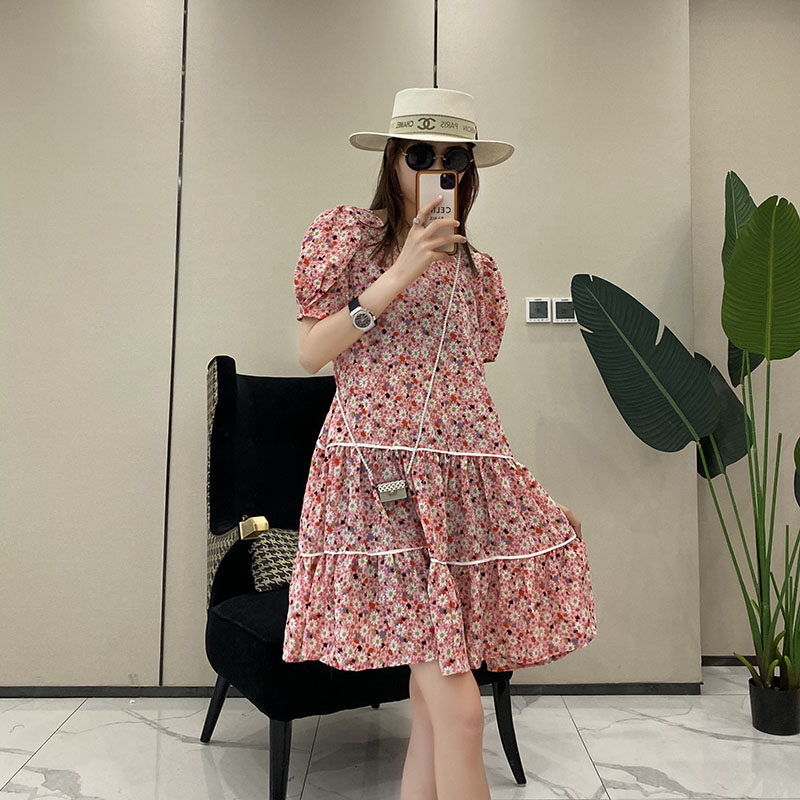 欧洲站夏季新款淑女圆领法式风情清新花色垂感泡泡袖短款连衣裙女