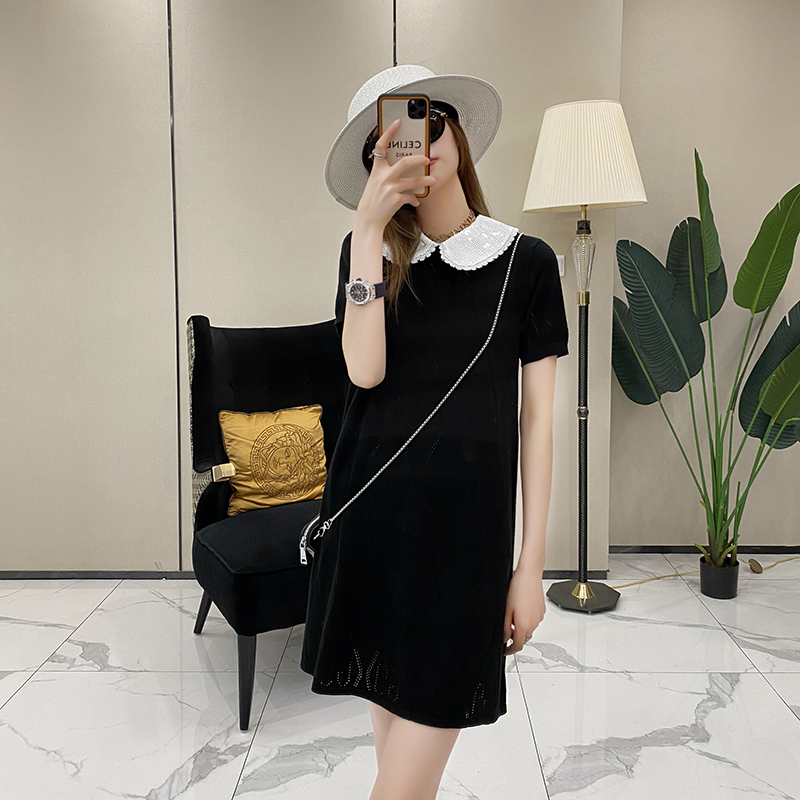 欧洲站夏季女装新款淑女亮钻花边娃娃领优雅纯色气质薄针织连衣裙