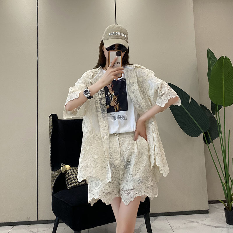 欧洲站2024夏季女装新款连帽宽松刺绣纱蕾丝薄外套+短裤两件套装
