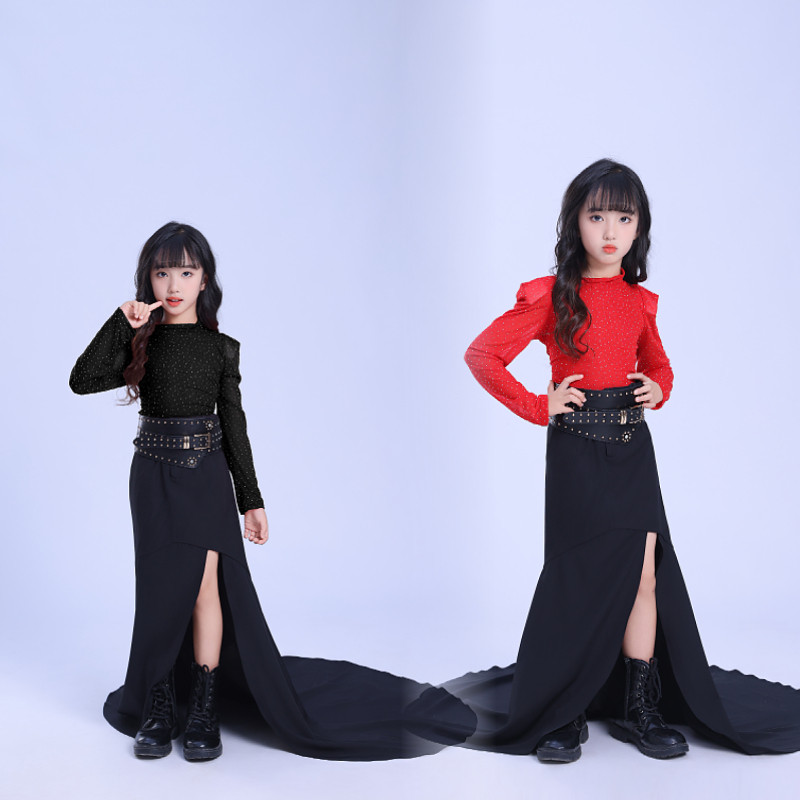 女童红黑色新年潮服机车T台走秀演出服鱼尾长裙模特大赛PK赛服新,童装/婴儿装/亲子装,儿童演出服,淘宝优惠券,粉丝福利购,淘宝优惠卷