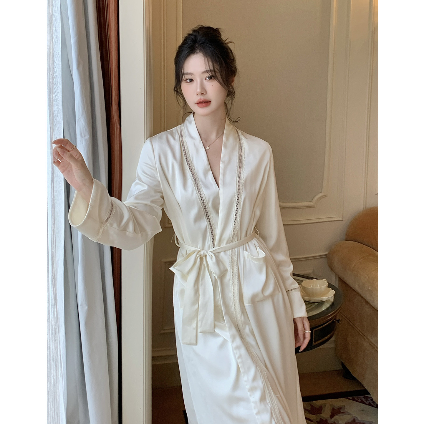 例蕾轻奢高级感V领系带蝴蝶结睡袍女大口袋修身中长款睡裙家居服,女士内衣/男士内衣/家居服,睡袍/浴袍,淘宝优惠券,粉丝福利购,淘宝优惠卷