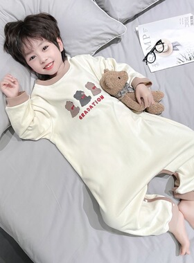 2025秋季纯棉睡袍新款儿童卡通连体睡衣防踢护肚男童女童家居服冬