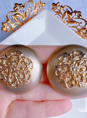 Vintage宫廷复古空心大夸张圆盘花雕内里耳夹无底洞配饰E1071
