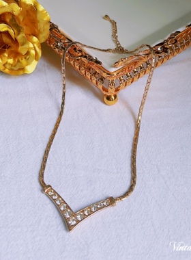 V领款浅金吊坠锁骨链项链 Vintage复古配饰K1002