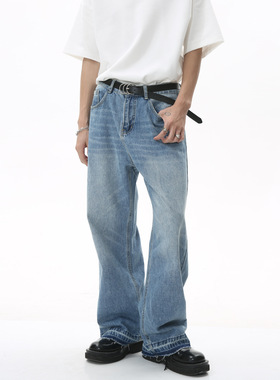 做旧时尚百搭宽松直筒牛仔裤男休闲拖地毛边长裤蓝色