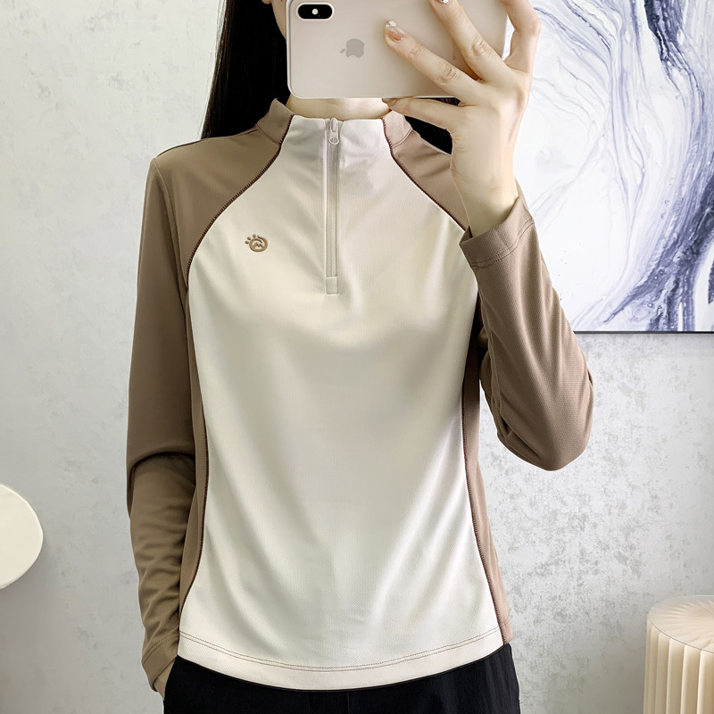 探拓新款户外速干T恤女立领运动长袖男徒步登山跑步透气打底衫衣