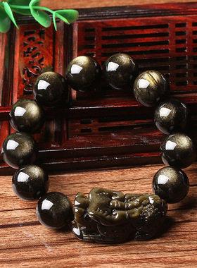 原创天然金耀石大头貔貅黑曜石手链双眼金曜石手串男女款发彩饰品