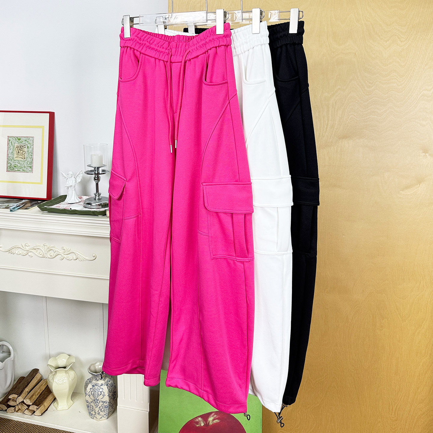 纯棉宽松阔腿裤女式休闲裤高腰显高显瘦修身长裤多口袋束脚运动裤