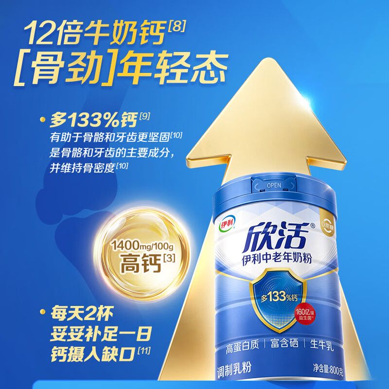 伊利欣活中老年奶粉高钙富硒双益生菌0蔗糖高蛋白生牛乳配方奶粉