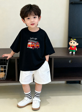 原创童装男童黑色圆领短袖 T 恤纯棉夏装韩系宽松消防车儿童半袖