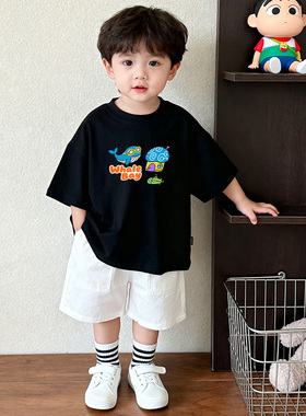 原创童装男童黑色短袖T恤纯棉夏装韩版宽松卡通鲸鱼印花儿童半袖