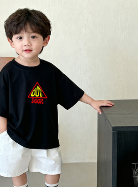 原创童装男童黑色圆领短袖T恤纯棉夏装韩系宽松字母印花儿童半袖