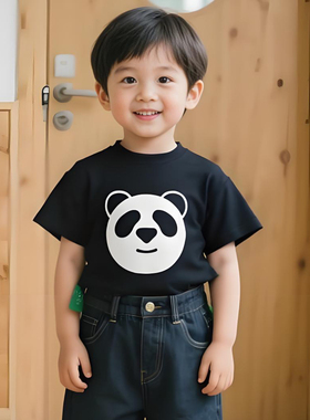 原创童装男童黑色短袖 T恤纯棉夏装韩版宽松卡通男孩印花儿童半袖
