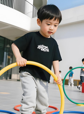 原创童装男童黑色短袖 T 恤纯棉夏装韩版宽松艺术印花儿童半袖