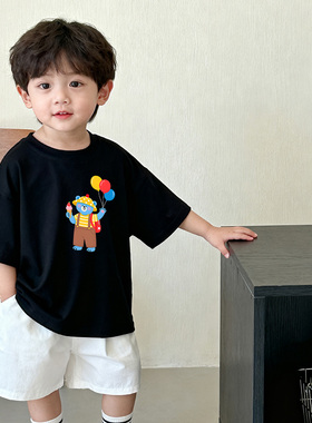 原创童装男童黑色短袖T恤纯棉夏装韩版宽松卡通小熊印花儿童半袖