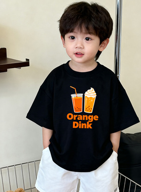 原创童装男童黑色圆领短袖T恤纯棉夏装韩系宽松卡通印花儿童半袖