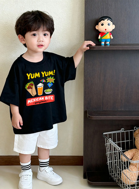 原创童装男童黑色圆领短袖 T恤纯棉夏装韩系宽松卡通印花儿童半袖