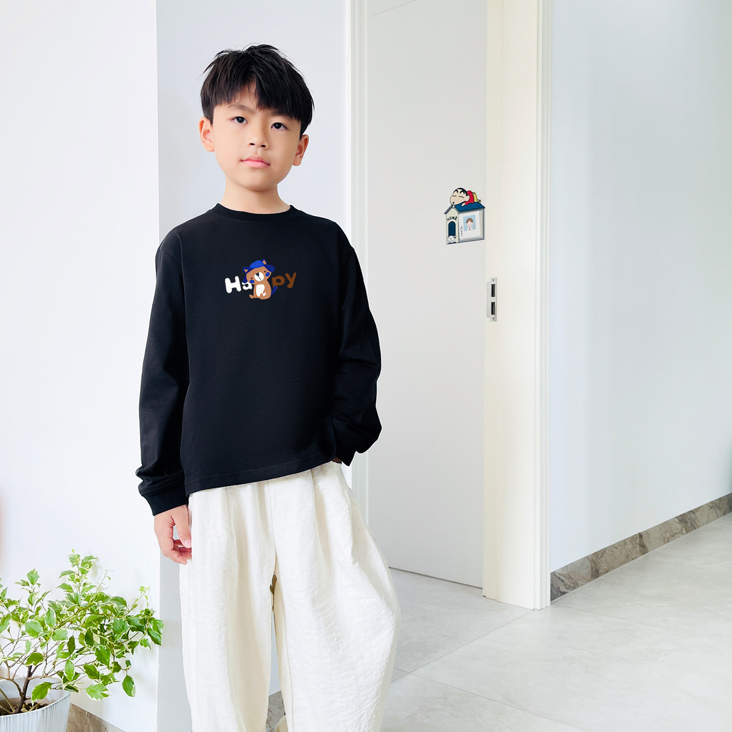 男童长袖t恤圆领黑色纯棉潮牌春秋韩版潮流儿童装休闲百搭上衣