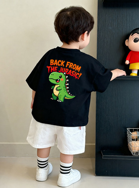 原创童装男童黑色圆领短袖 T恤纯棉夏装韩系宽松恐龙印花儿童半袖