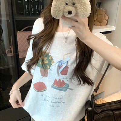 实拍雪花亚麻160克短袖t恤夏潮新款宽松趣味印花圆领上衣韩版女装